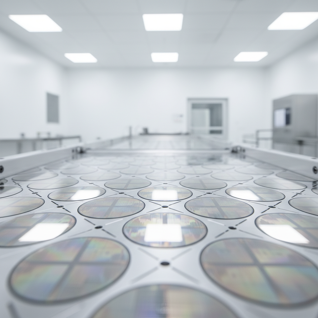 A cleanroom technician inspects silicon wafers at a semiconductor fabrication facility in South Korea