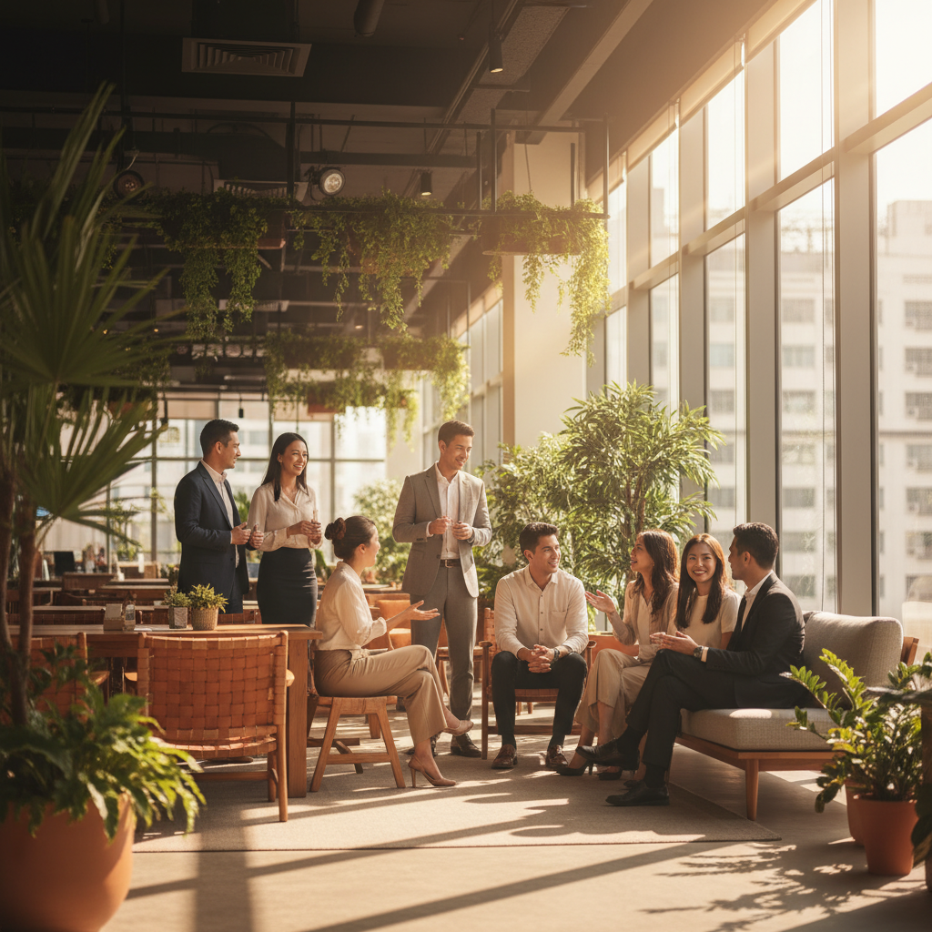 Young professionals collaborating in bright Asian workspace