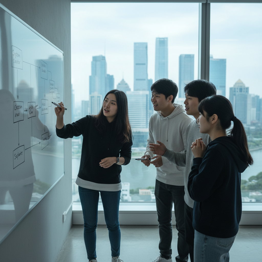 Young professionals collaborating in bright Asian workspace