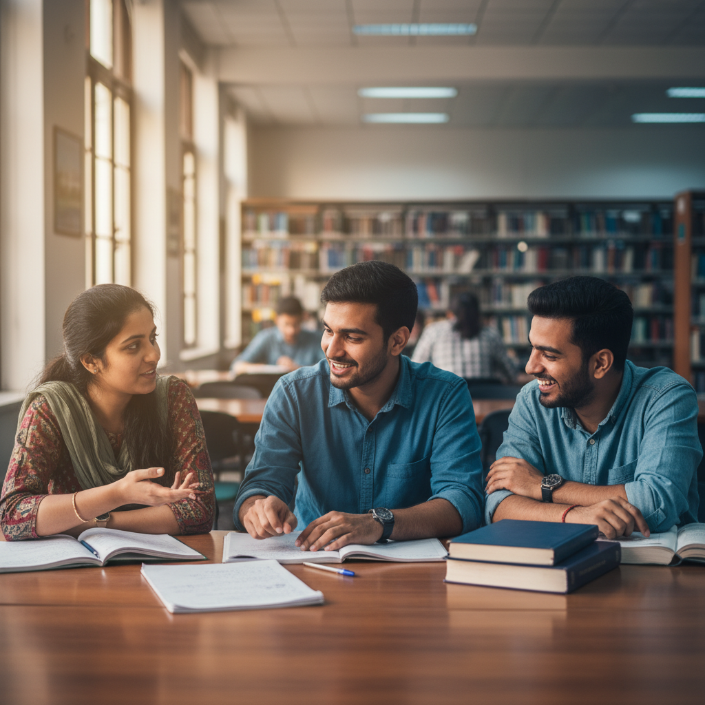 Indian university students collaborating in a bright study space