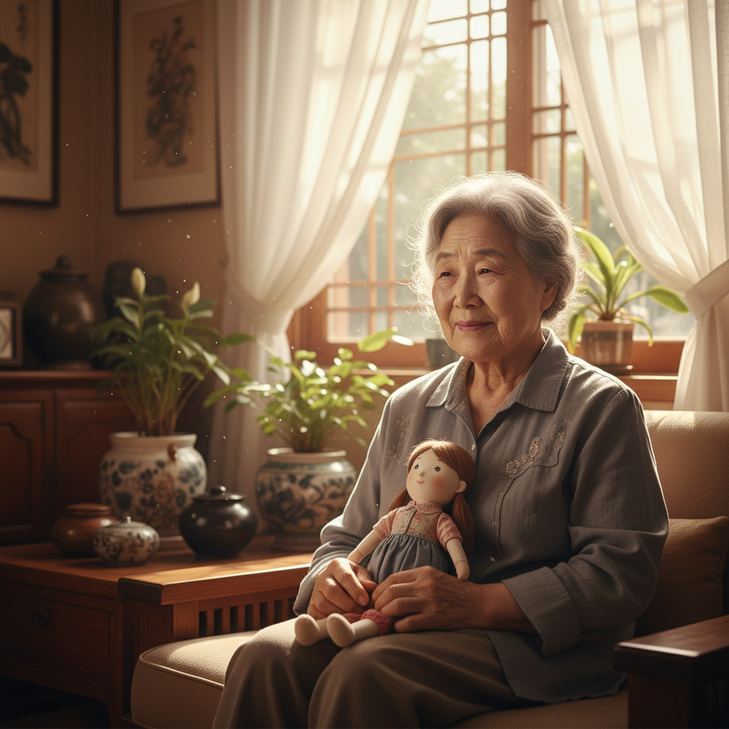 Elderly Korean woman with AI companion doll