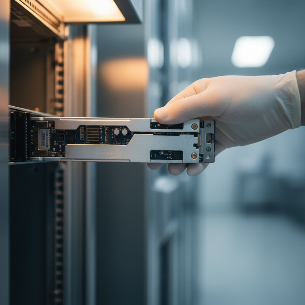 Server rack blade being examined in a clean room environment