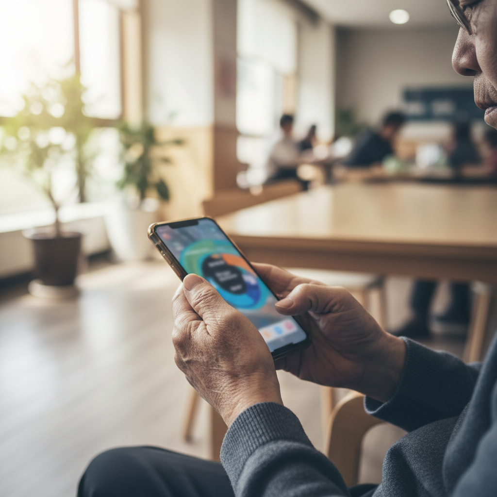 Elderly person using a health app at a community centre in Taiwan