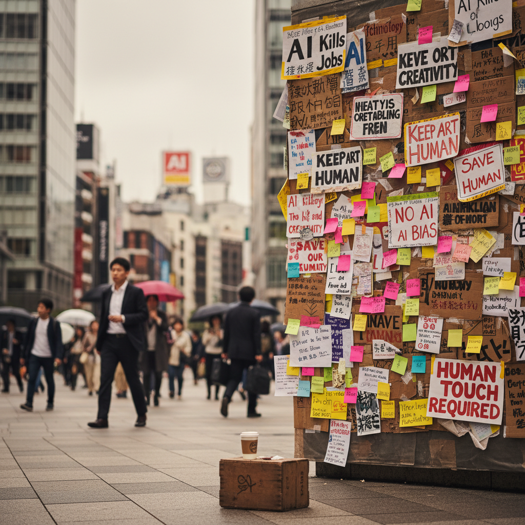 Protest signs against AI in a city plaza