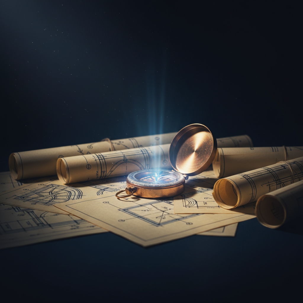 A vintage brass compass on architectural blueprints with glowing blue-violet light - symbolising context engineering as the art of providing AI with the right information