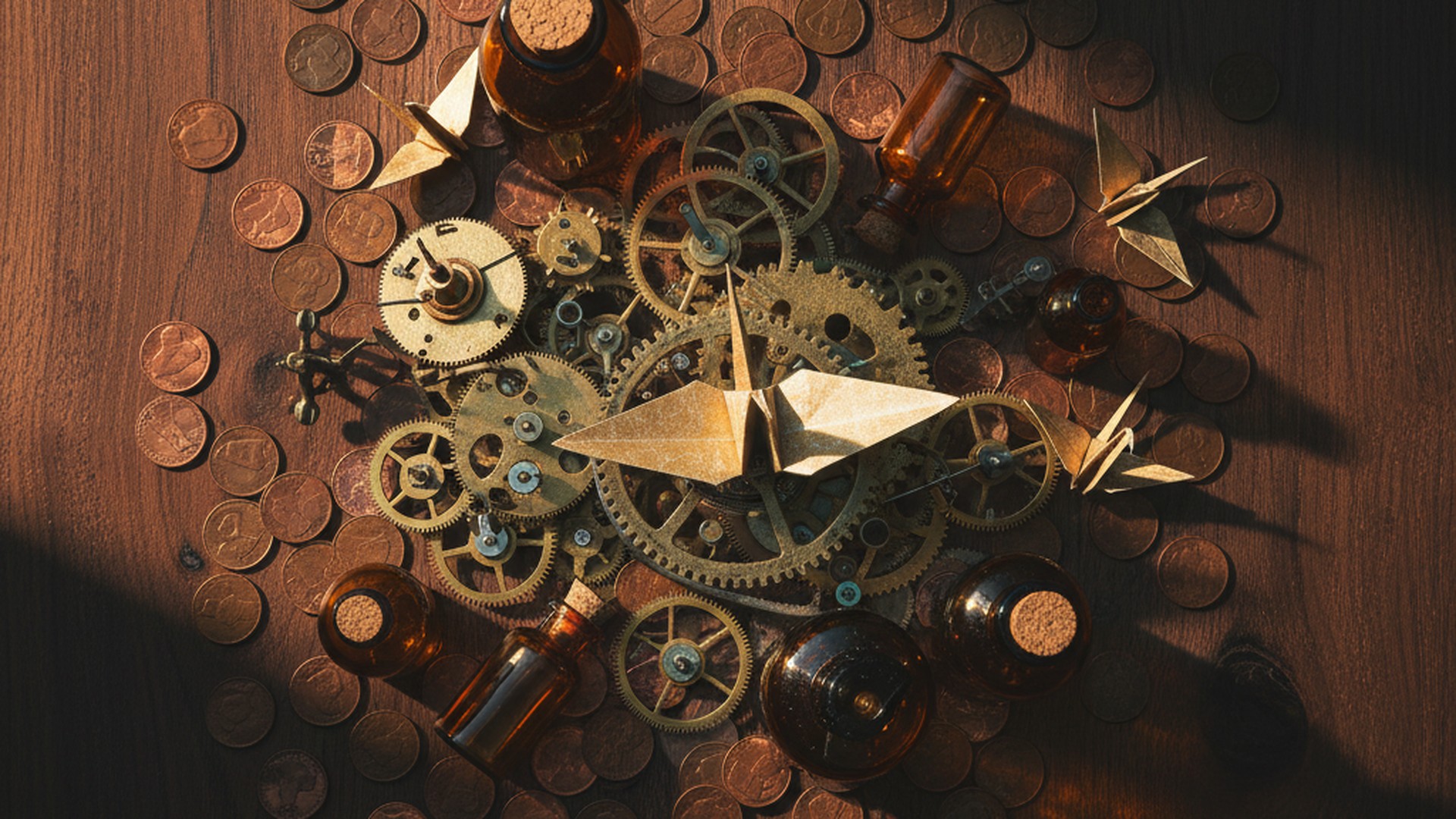 Dark still-life of vintage brass clockwork gears and amber origami cranes on walnut surface representing AI agent automation workflows