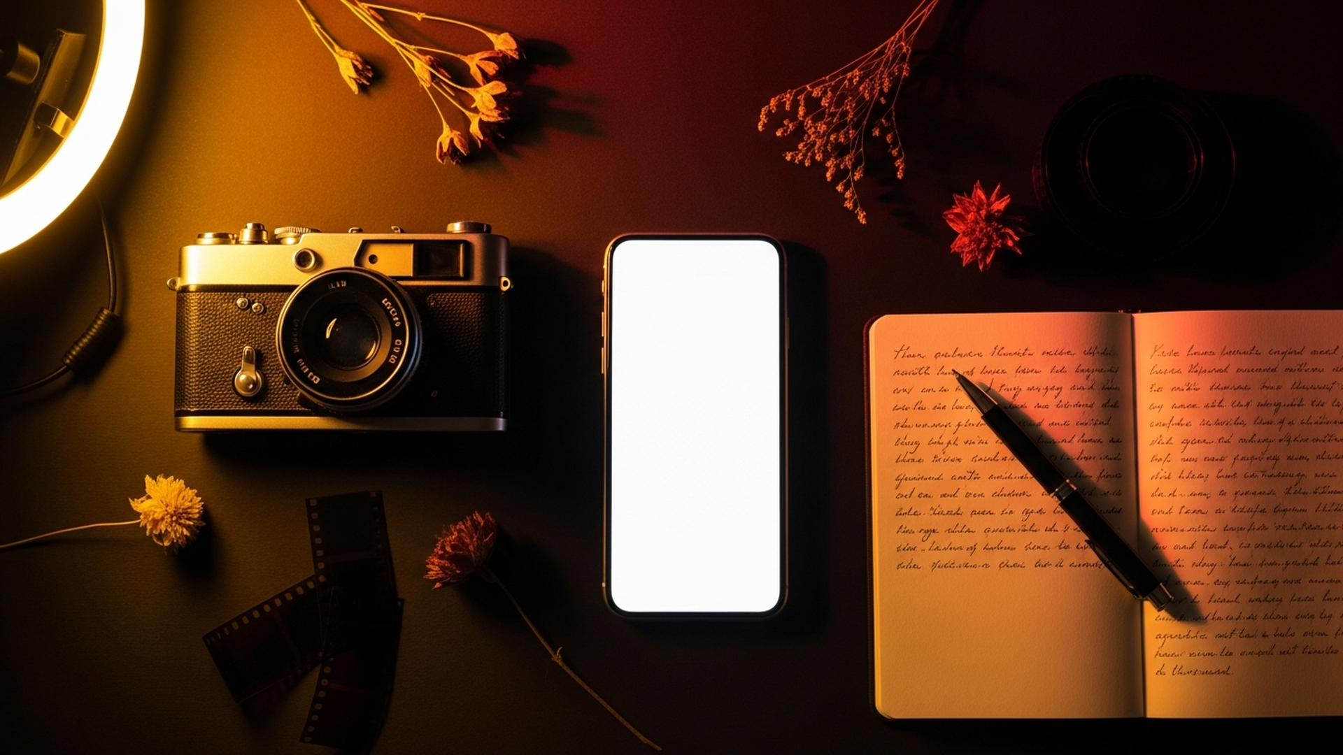 A cinematic dark still-life of a camera, smartphone, and notebook representing AI-powered content creation for social media creators