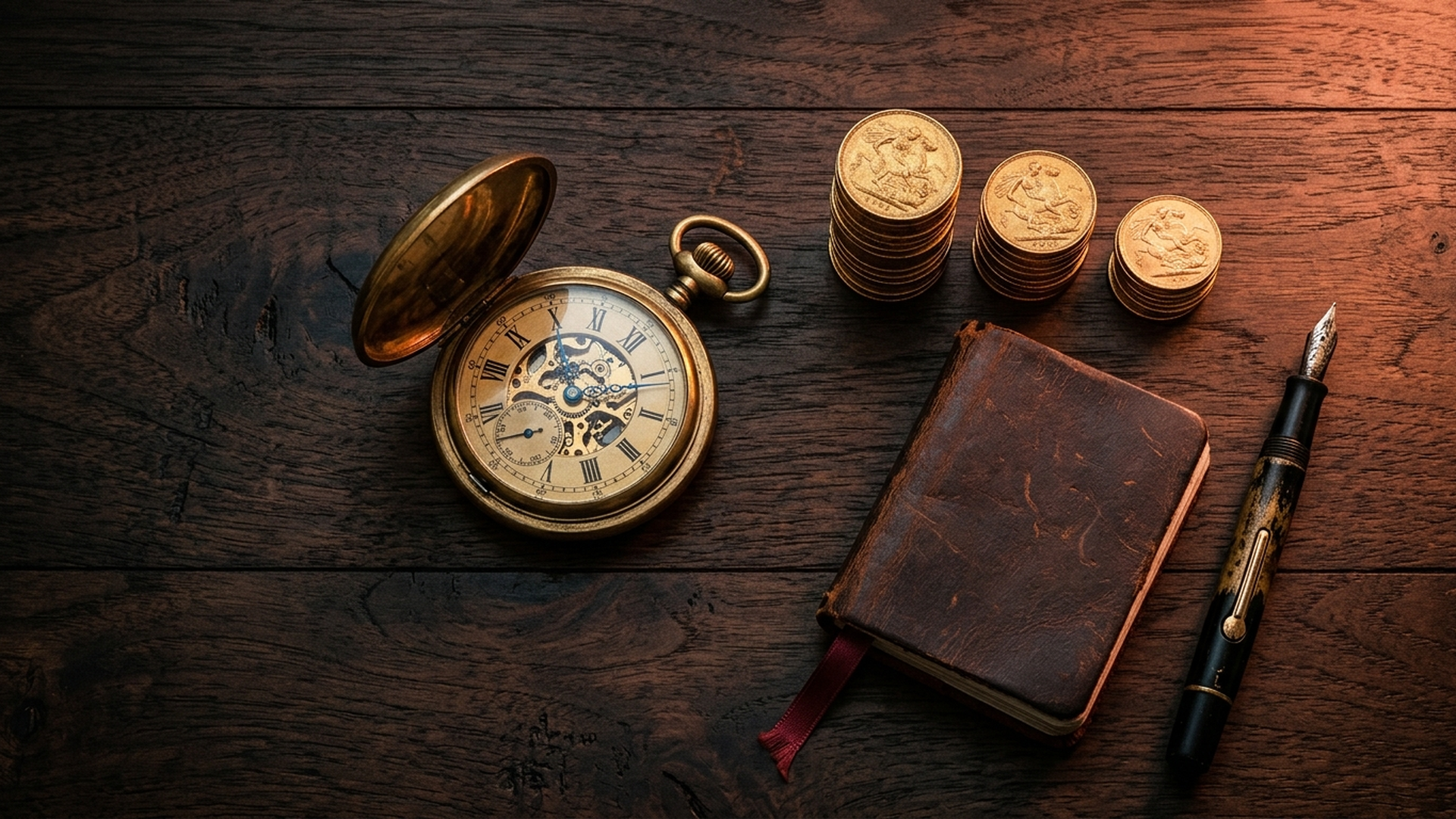 Dark cinematic still life of a vintage brass pocket watch, gold coins, and a leather journal on a walnut desk with warm amber and coral accent lighting