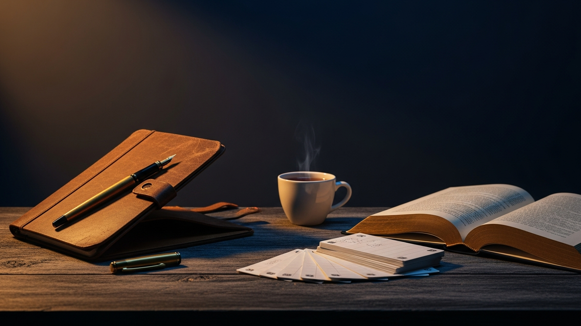 Cinematic dark still-life: a worn notebook, a fountain pen, a cup of steaming tea, and a single amber light glancing across an open textbook, evoking quiet late-night study on a wooden desk.