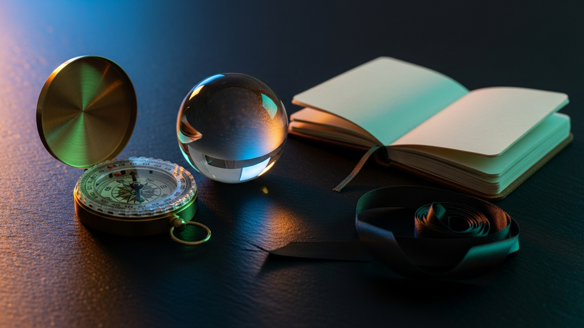 Dark editorial still life of brass compass, polished glass orb, and silk ribbon on matte black surface lit by warm amber and teal light, representing navigation and visibility in AI search.