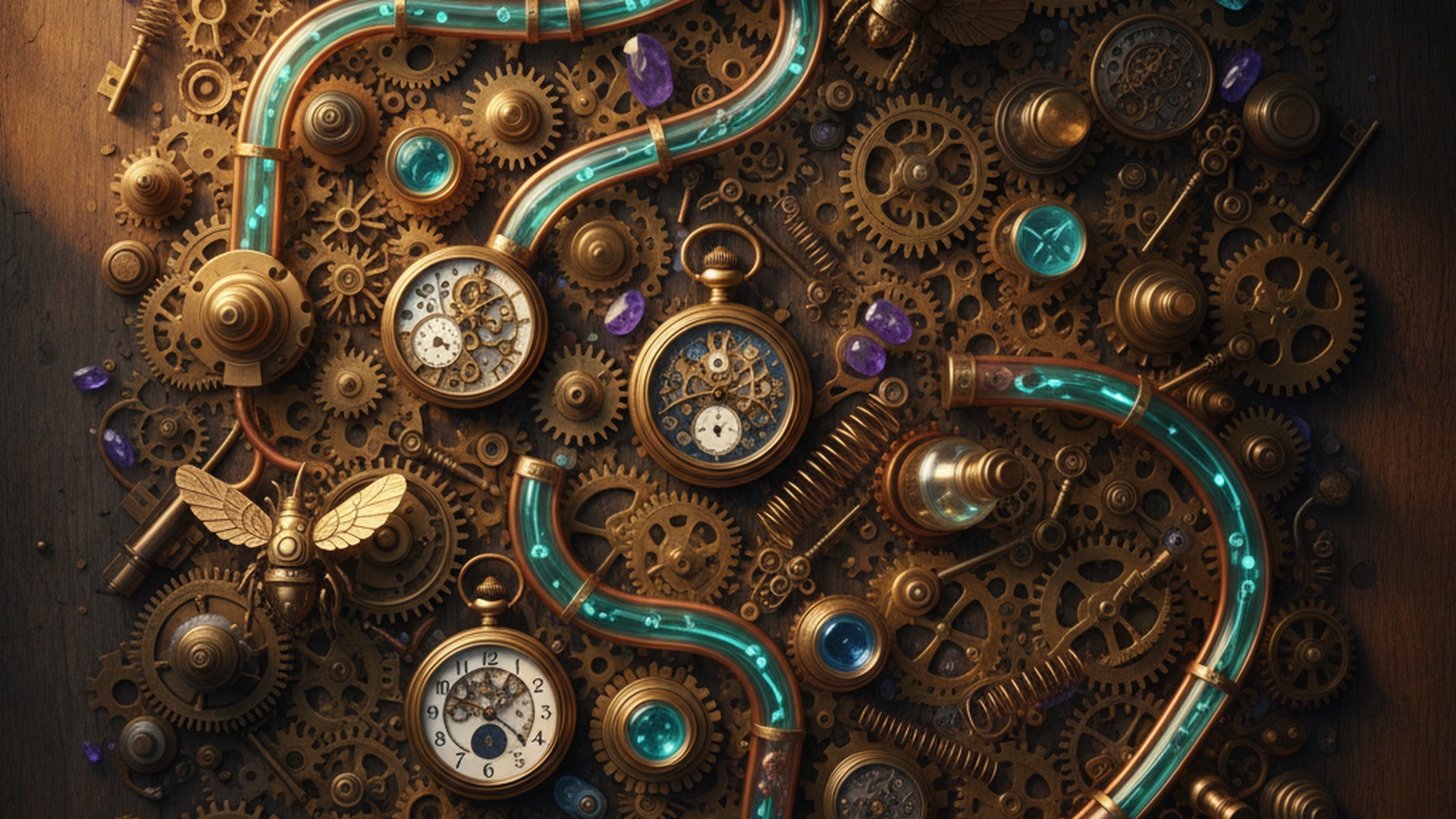 Dark still-life photograph of interconnected brass gears, copper pipes, and glowing teal tubes on a wooden workbench, representing AI workflow automation