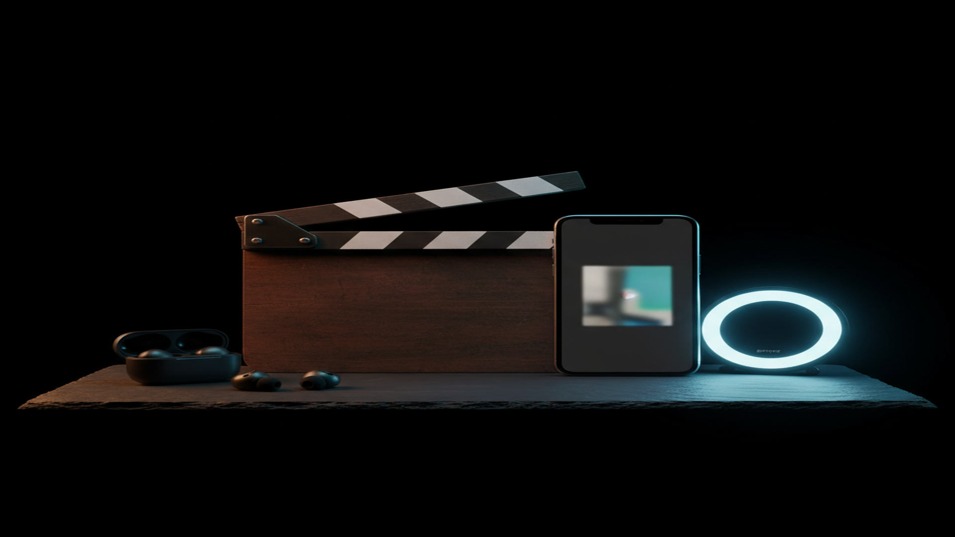 Dark cinematic still life with a film clapperboard, smartphone, ring light, and earbuds on a moody surface with blue and teal accent lighting