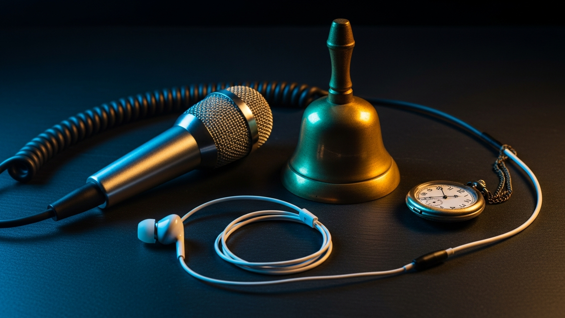 Dark cinematic still-life of vintage microphone, coiled cable, and small polished brass bell on a moody background, lit with amber and blue accents