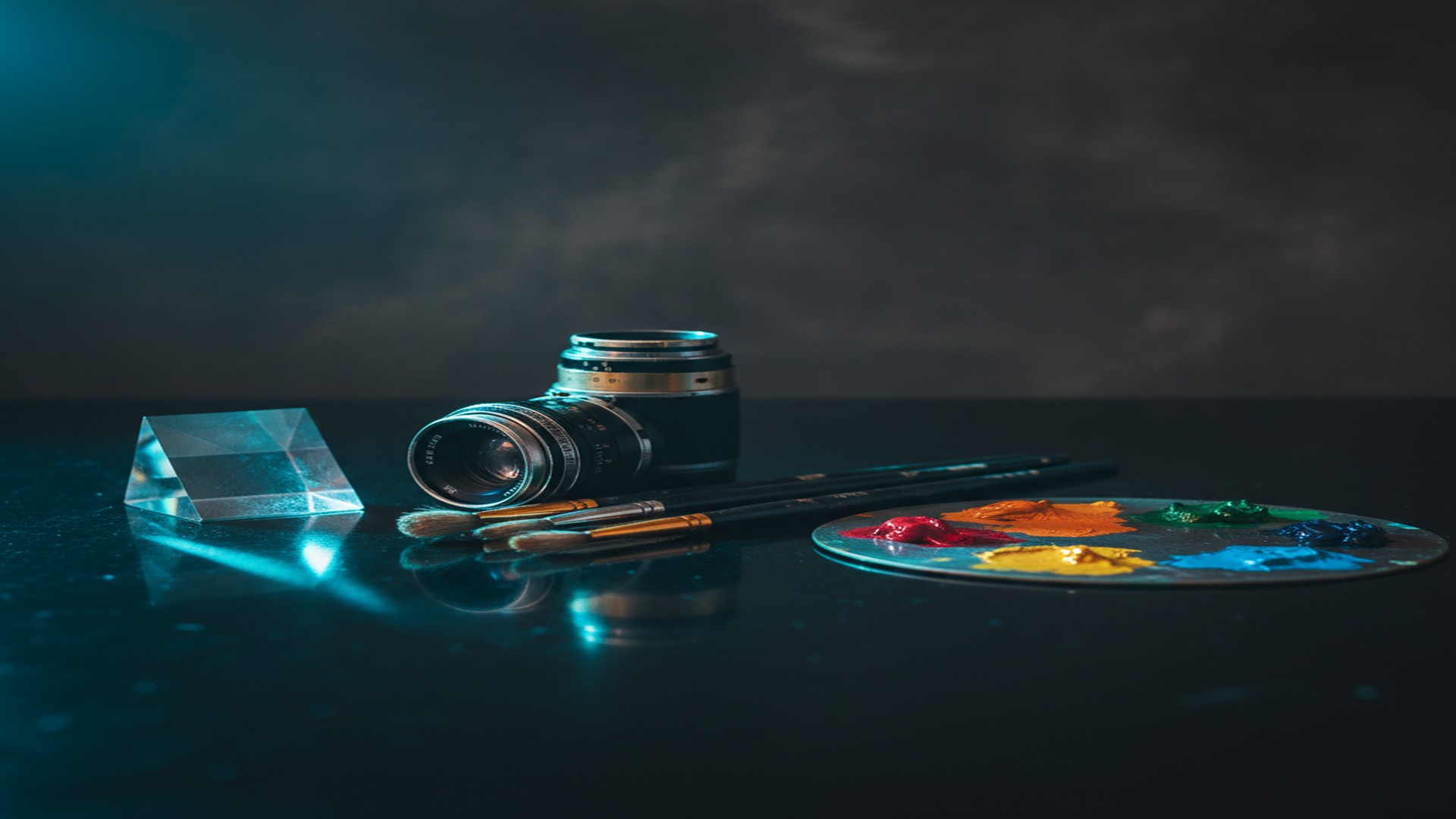 Dark still-life arrangement of creative tools including a camera lens, paintbrushes, glass prism, and colour palette with blue and teal lighting accents