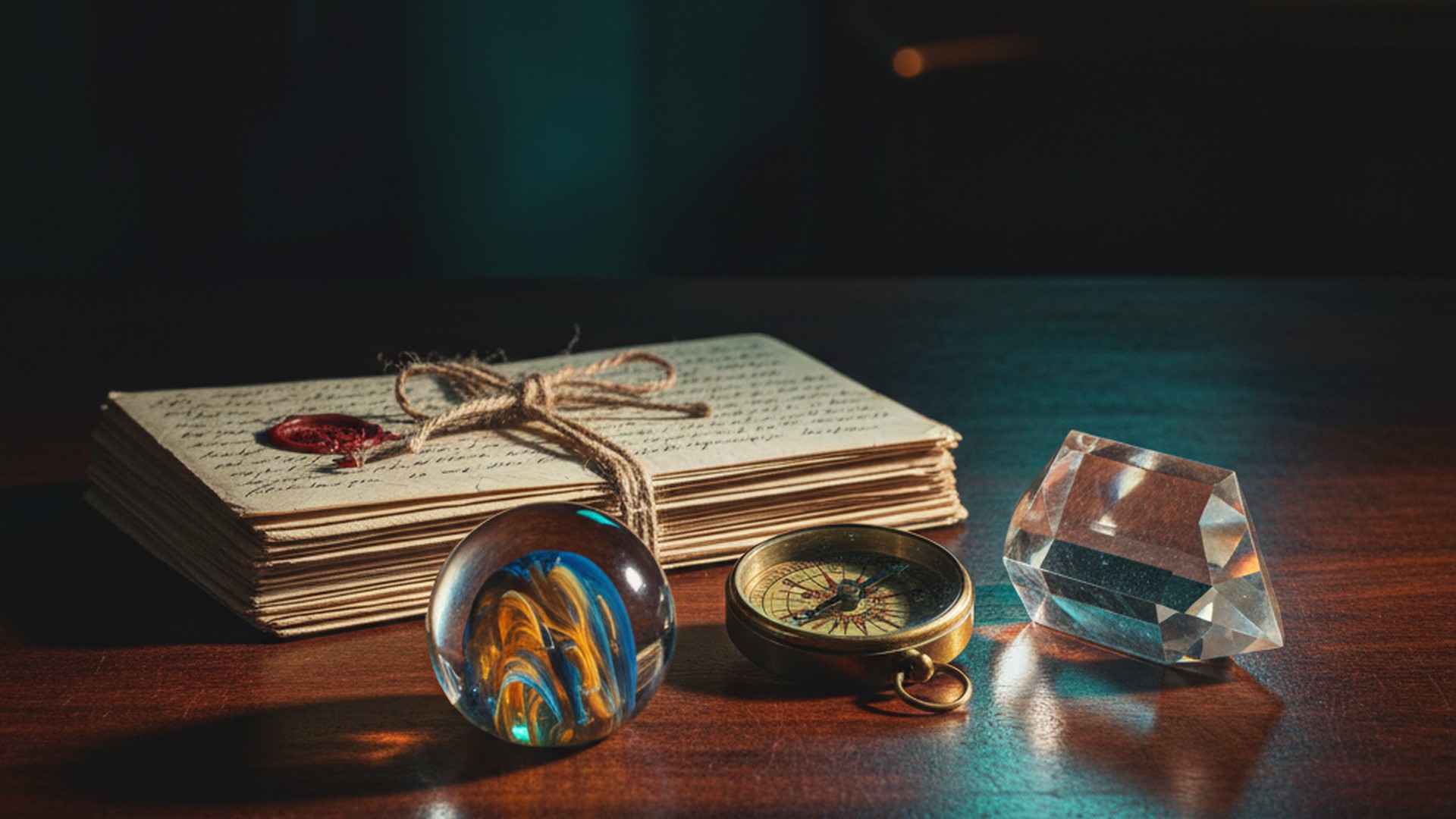 Dark still-life photograph of a brass compass, crystal prism, and handwritten letters on a wooden desk, symbolising navigation and communication in professional work