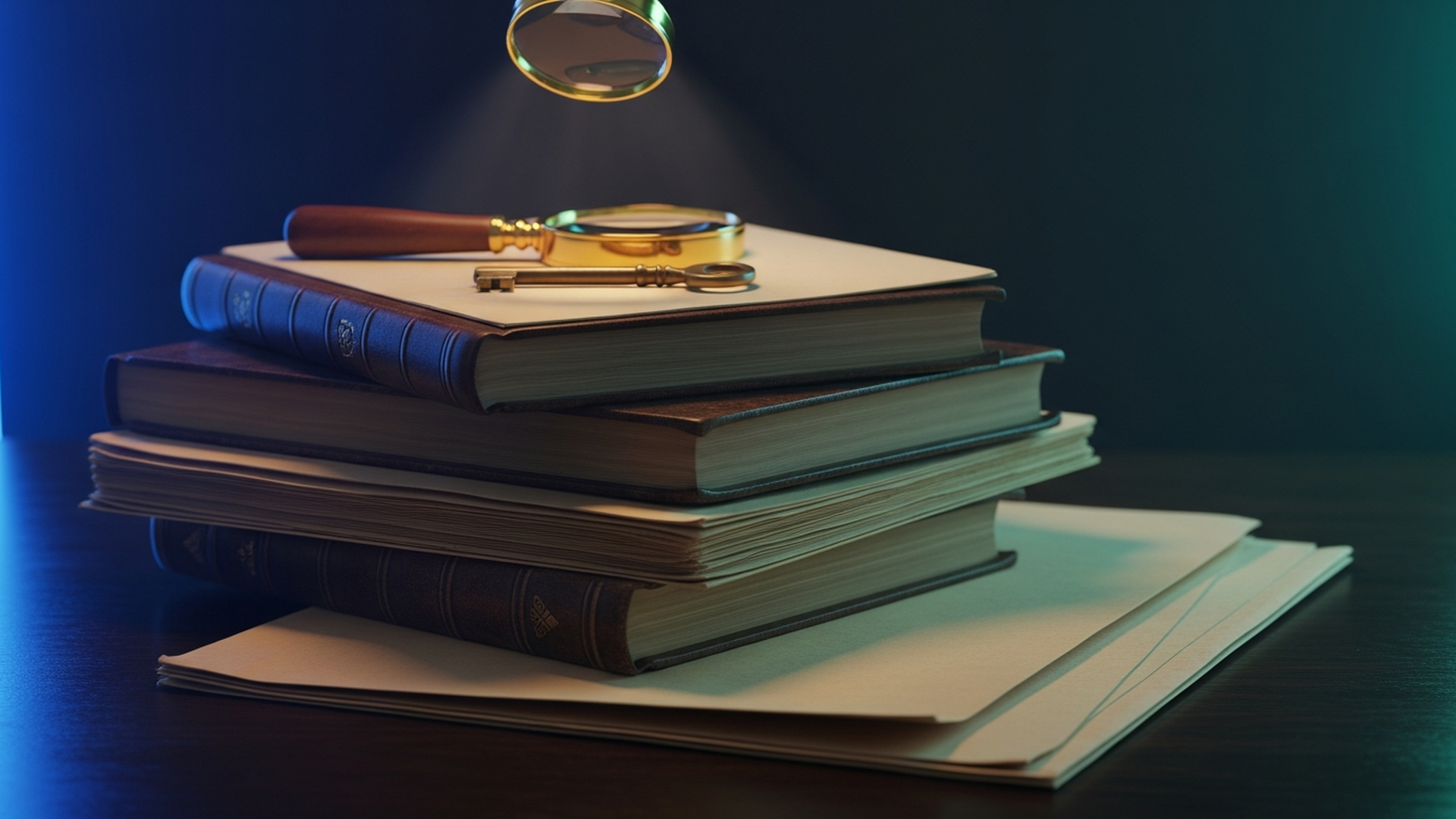 A cinematic dark still-life of leather-bound books, vintage manila folders, a magnifying glass, and a brass key, representing Retrieval-Augmented Generation grounding AI answers in your own business documents.