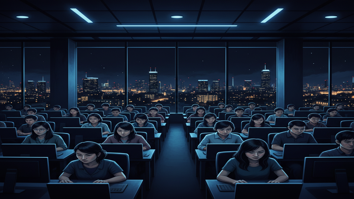 Diverse Asian workers at individual blue-lit workstations in a dark modern training centre with city skyline visible through windows