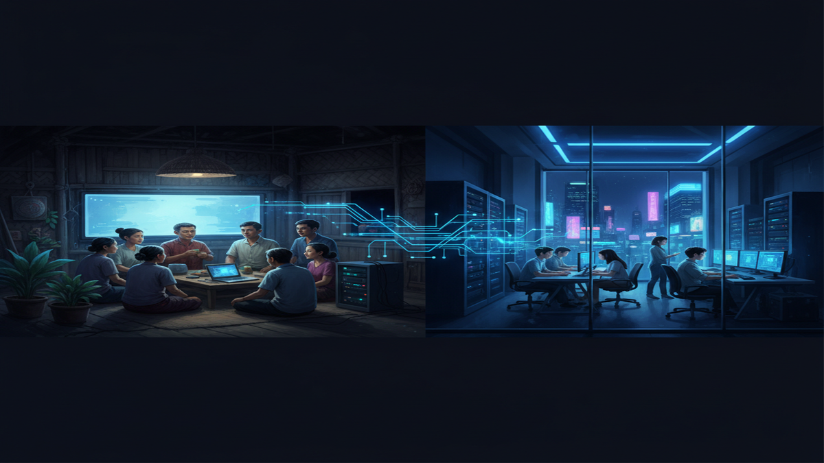 Split scene showing rural and urban Asian training environments connected by flowing blue lines of digital infrastructure