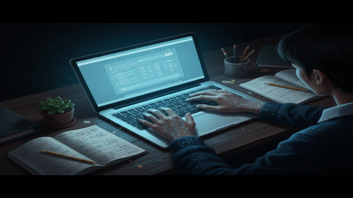Editorial close-up illustration of Vietnamese student hands on laptop keyboard with blue glow on dark desk