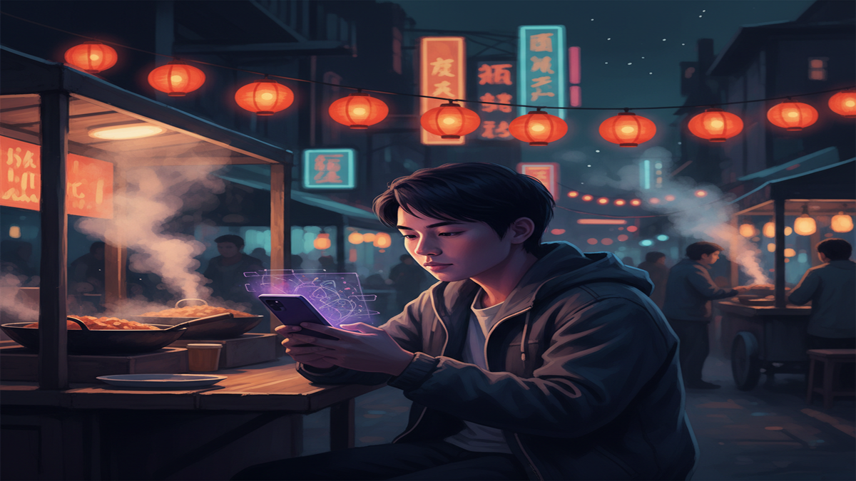 Cinematic illustration of a Southeast Asian traveller at a night market illuminated by purple smartphone glow