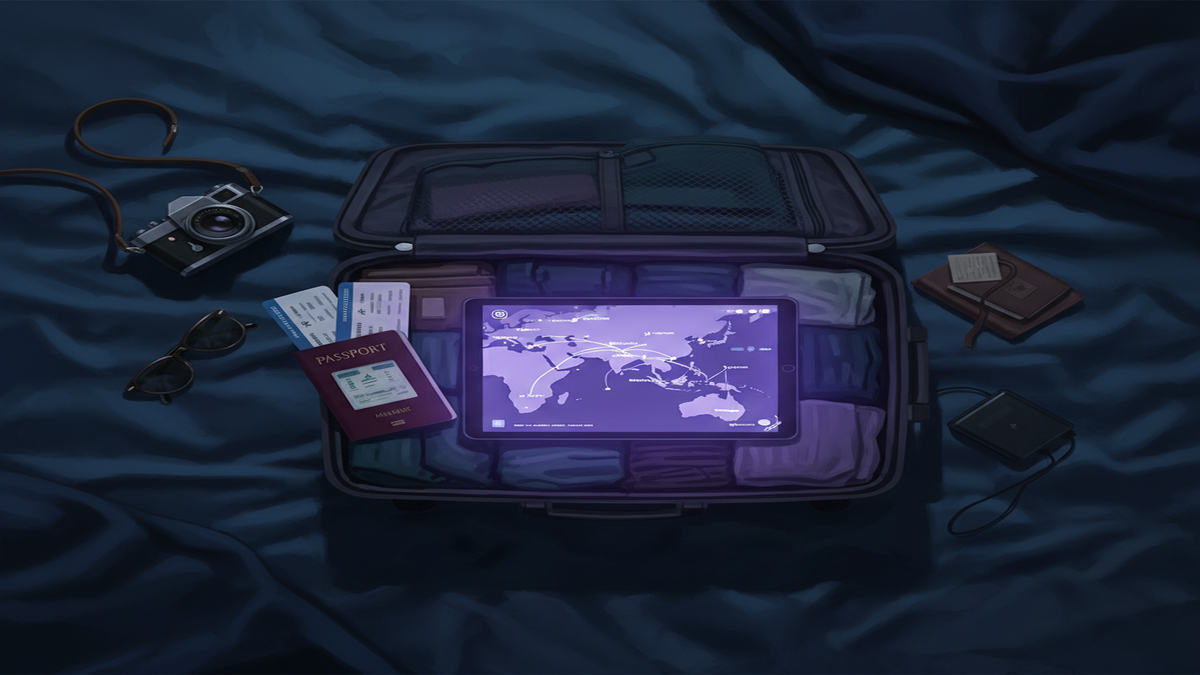 Editorial overhead illustration of travel essentials and glowing tablet on dark hotel bed with purple light