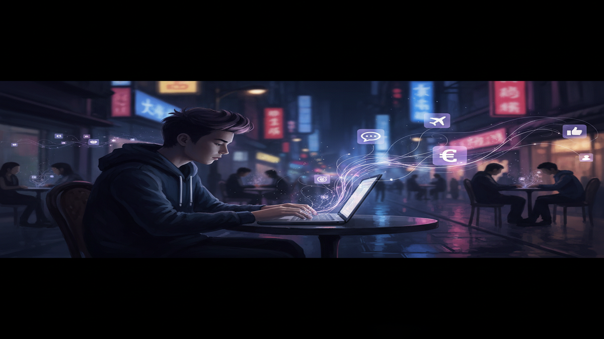 Young person in a Chinese city cafe at night with purple digital threads extending from laptop to floating app icons