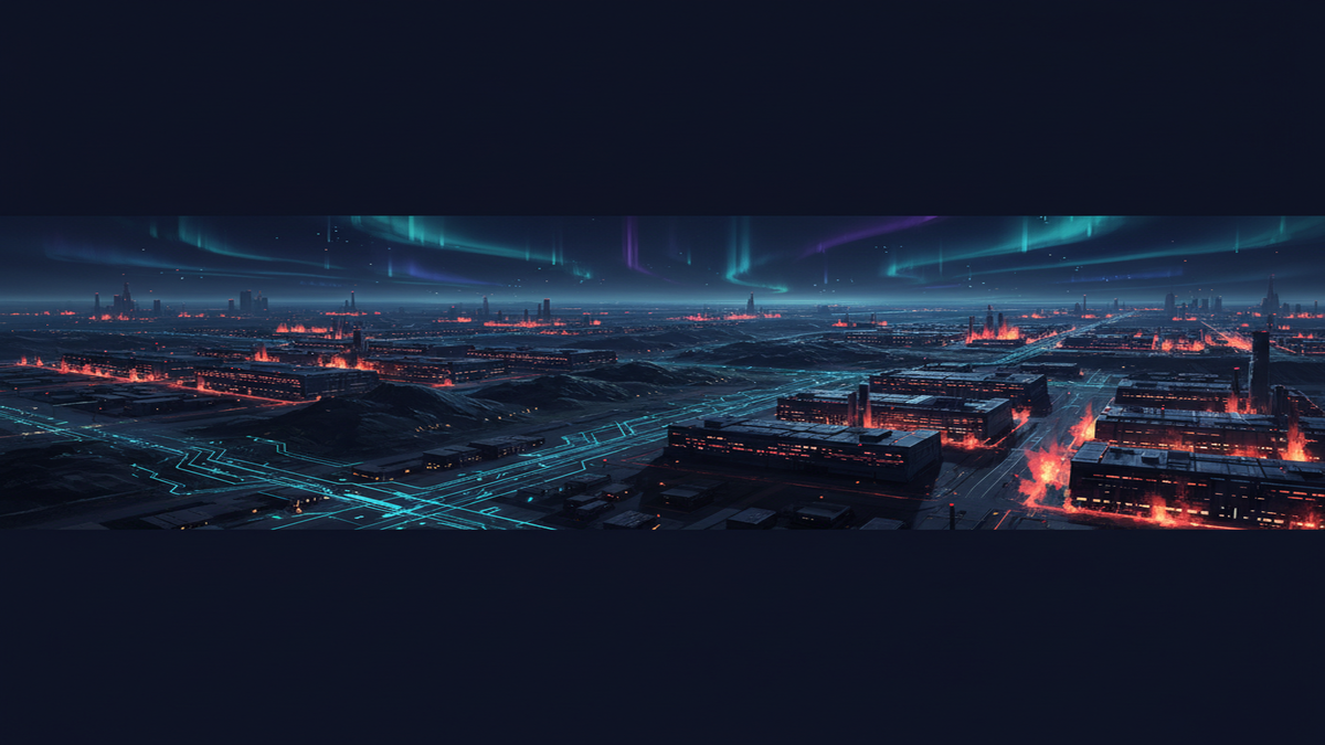 Cinematic aerial view of a futuristic Chinese industrial cityscape at night with glowing automated factories and data pathways