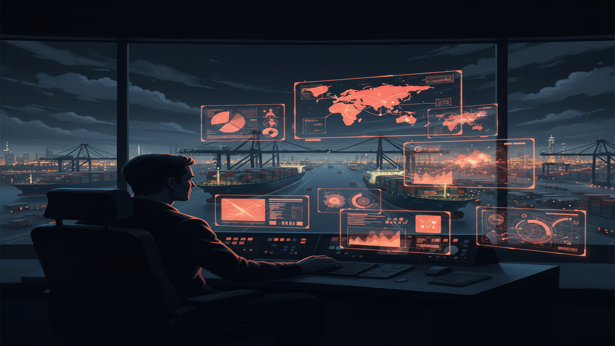 Operations centre overlooking an automated Asian port at night, with glowing dashboards displaying supply chain data across the region