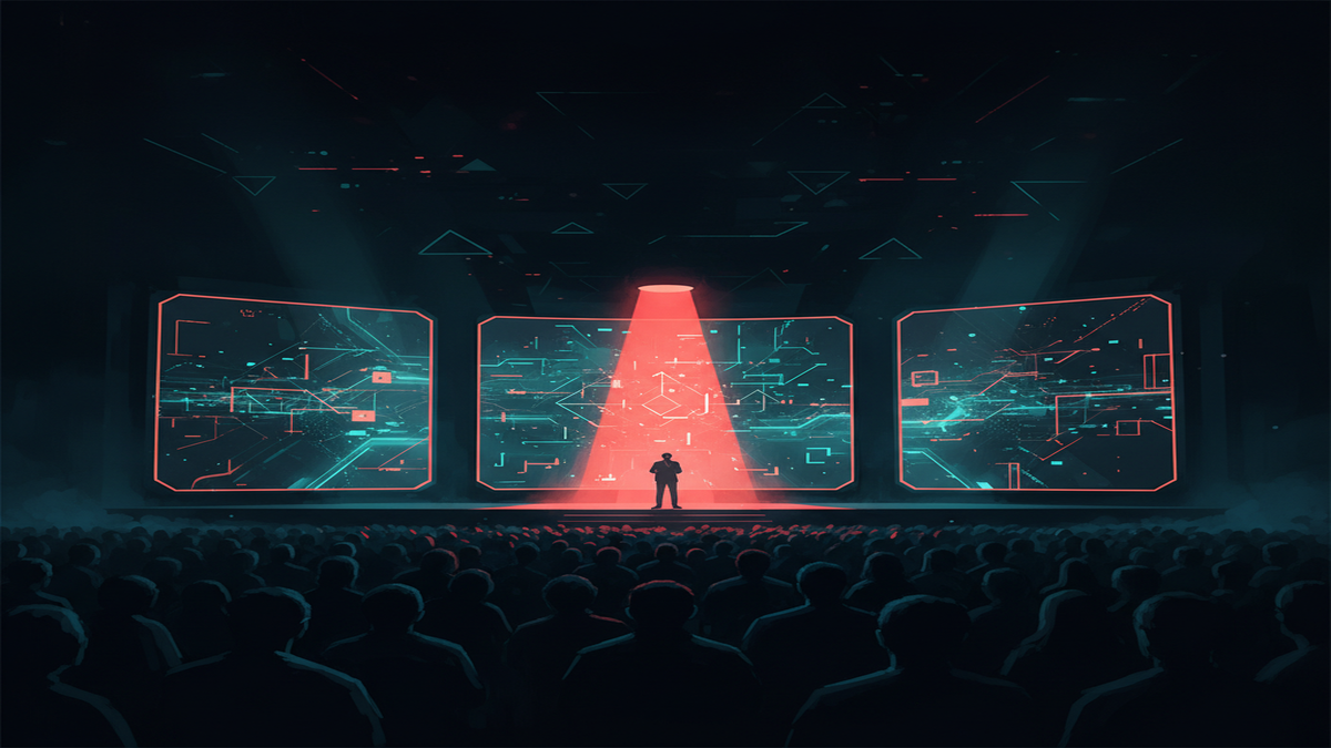 Editorial illustration of a darkened conference hall with silhouetted AI conference attendees and coral-red stage lighting