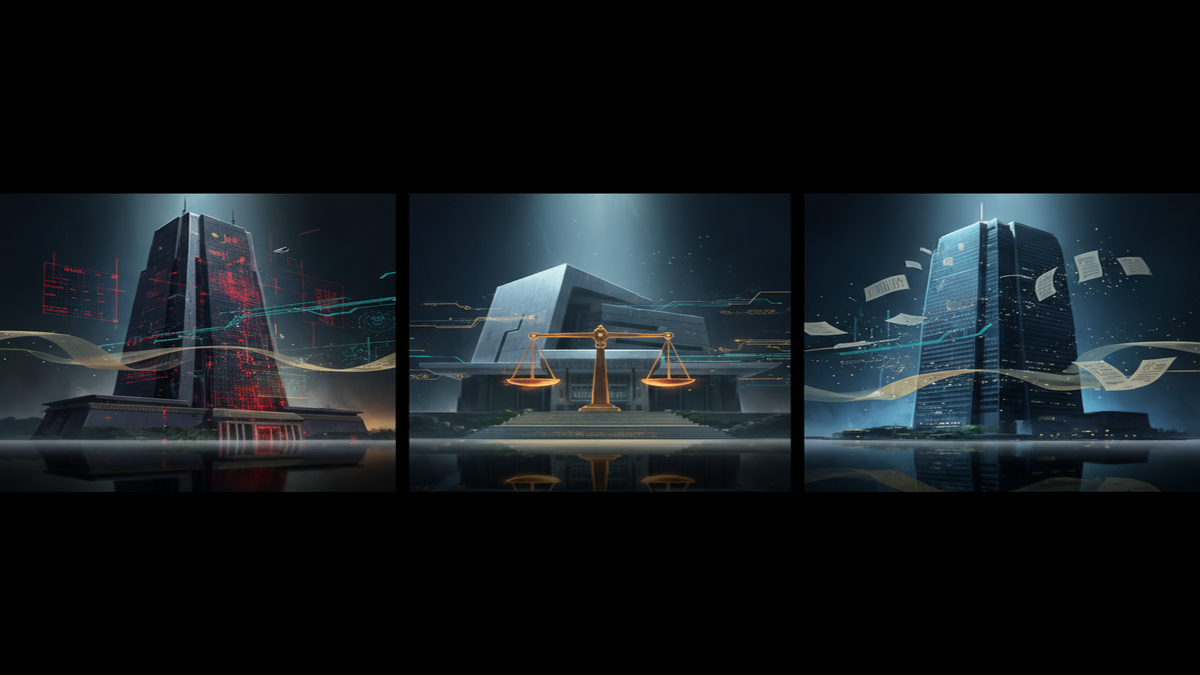 Cinematic triptych illustration showing three East Asian governance buildings representing China, South Korea, and Japan's contrasting AI regulation approaches, connected by flowing data streams against a dark navy background